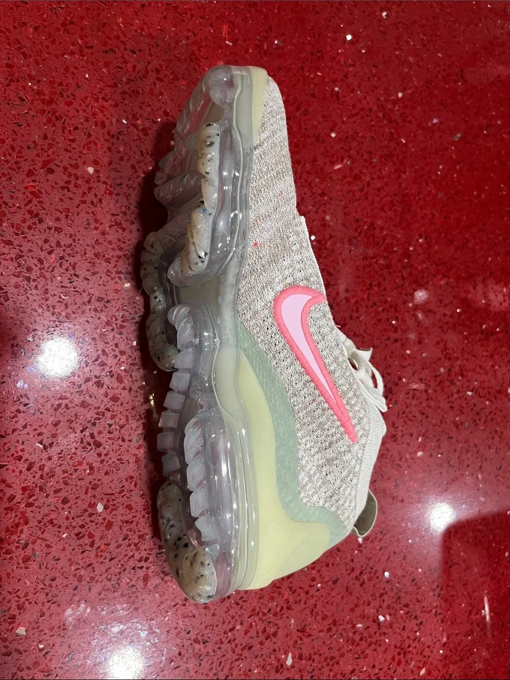 Nike Women's Vapormax Light Beige Knit Running Shoes with Pink Swoosh